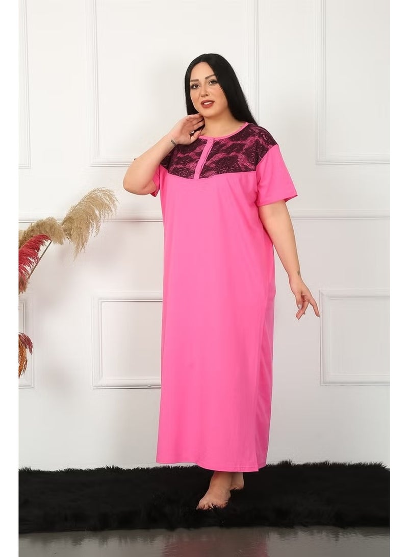 Akbeniz Big Lace Short Sleeve Fuchsia Mother Nightgown 1348 - Image 5